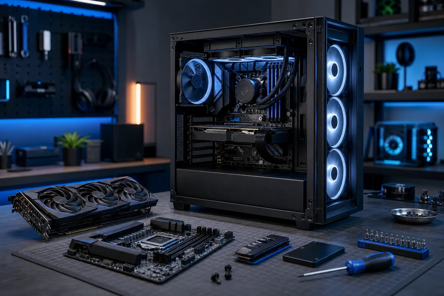 Custom gaming PC mid-build: open black tower case with RGB fans, liquid cooler, GPU and motherboard laid out on desk.