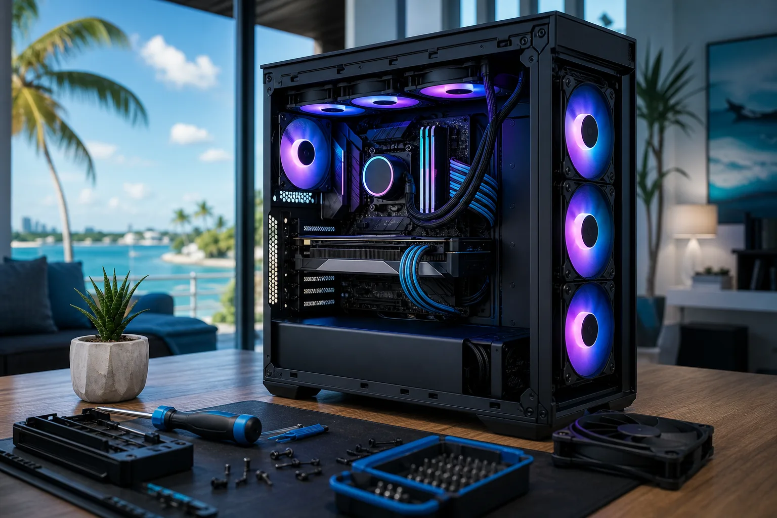 Black ATX PC tower with RGB fans and liquid cooling on a desk, side panel removed, tools and screws nearby, ocean view behind.