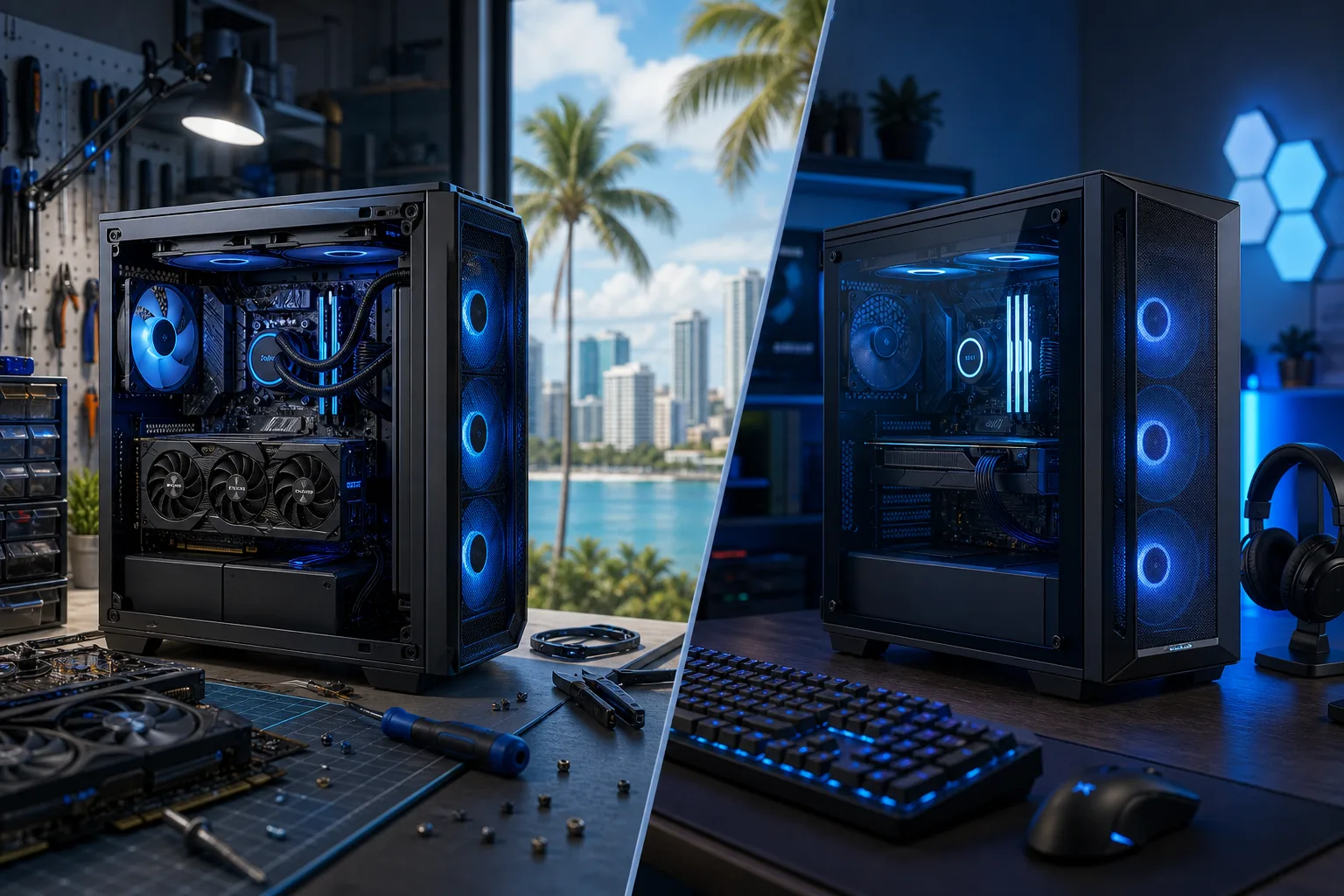 Split image: custom-built gaming PC in a workshop (left) vs. prebuilt gaming PC on a gaming desk (right), both with blue RGB lighting.