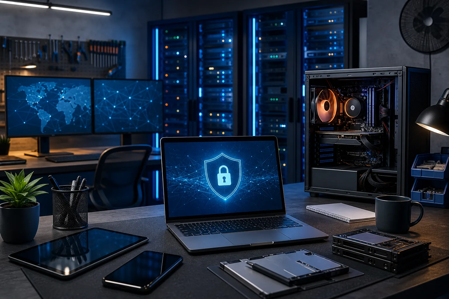 Dark tech workspace with laptop showing shield/lock cybersecurity icon, open PC tower, server racks, and multiple devices. Dark tech workspace with laptop showing shield/lock cybersecurity icon, open PC tower, server racks, and multiple devices.