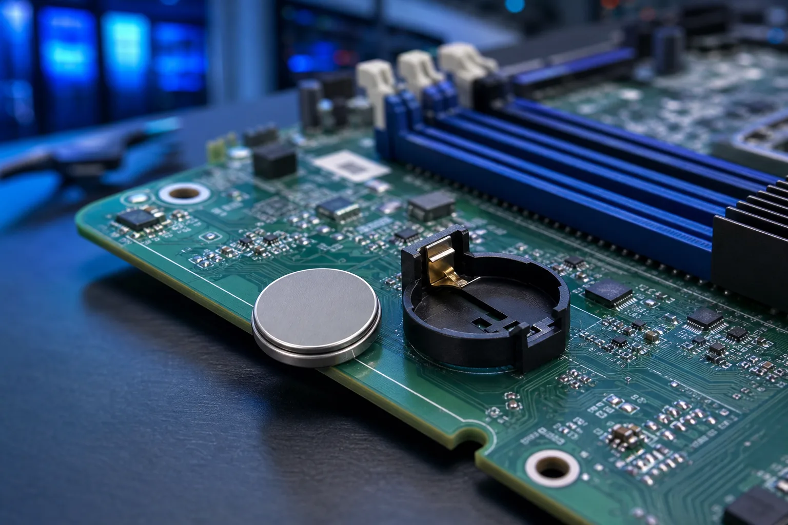 Batería tipo moneda CR2032 retirada junto a su soporte negro con clip de resorte sobre una placa base de computadora verde, con las ranuras de RAM visibles.