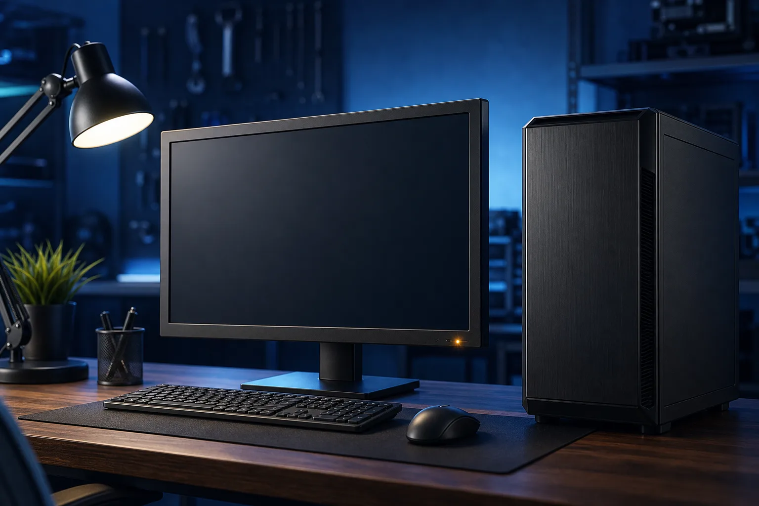 Black desktop PC tower beside a dark monitor, keyboard, and mouse on a wood desk with a desk lamp, blue ambient lighting.