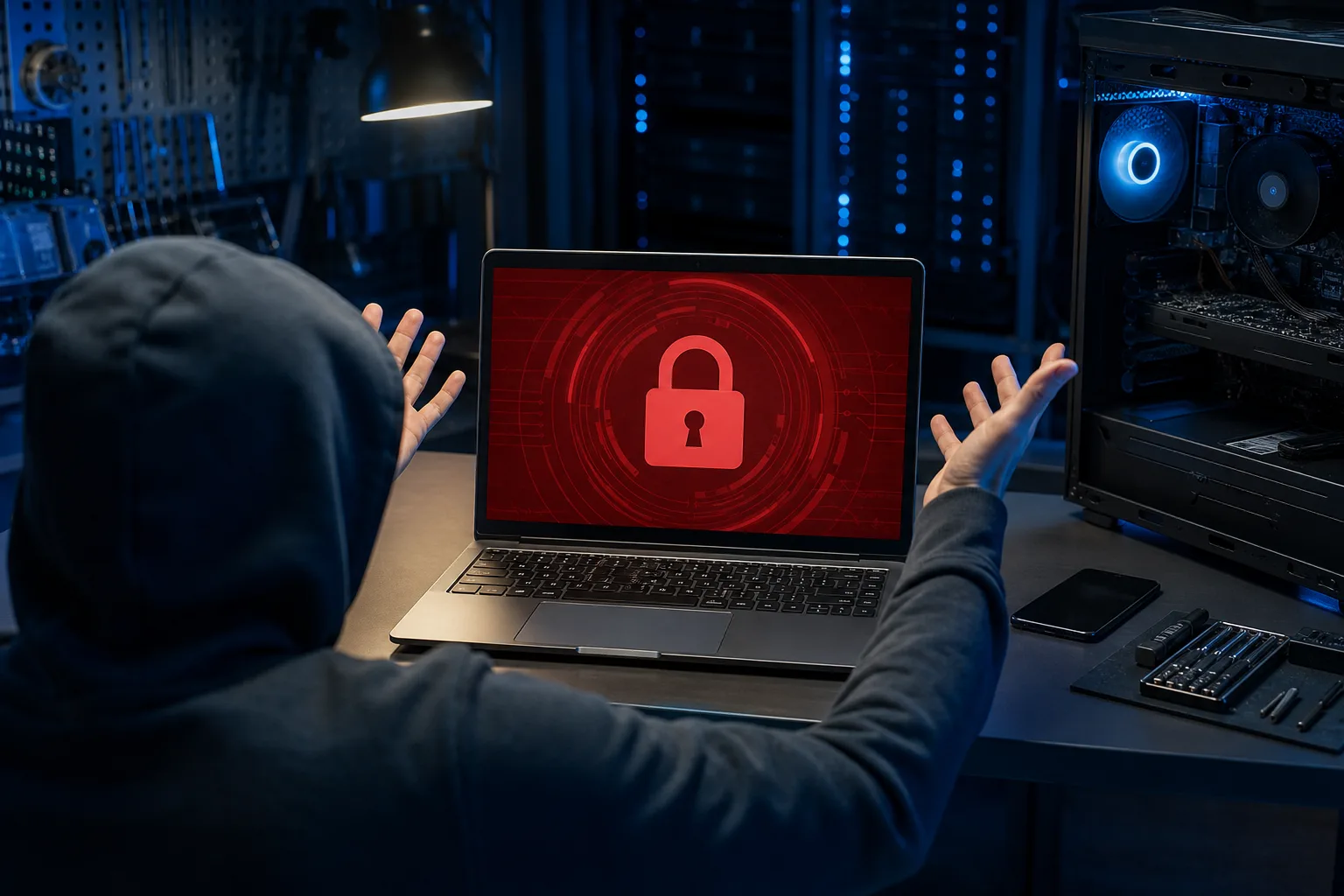 Hooded figure sitting before a laptop displaying a red lock screen with padlock icon, in a dark server room setting.
