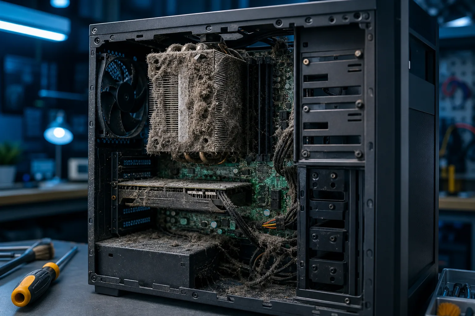 Open desktop PC tower showing CPU heatsink and GPU heavily clogged with grey dust and pet hair, on a workbench.