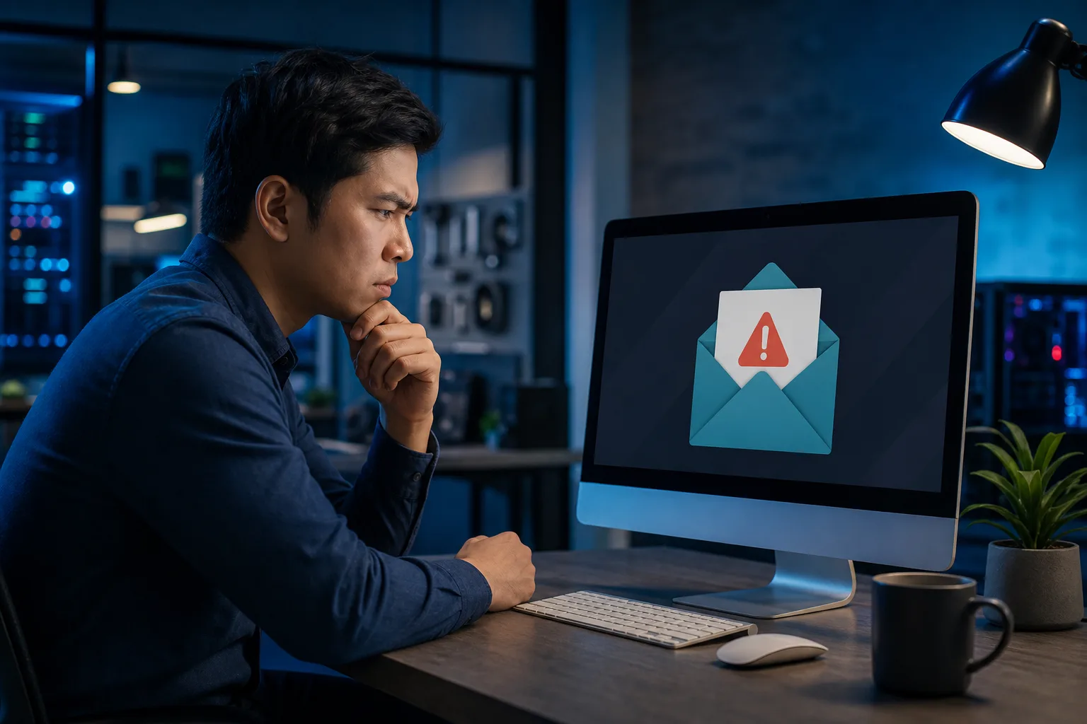 Man in dark office sits at desk, hand on chin, staring skeptically at monitor showing an open envelope with warning icon
