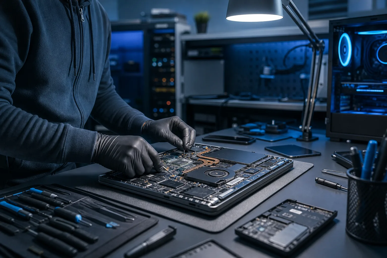 Técnico con guantes desmontando la placa base de una laptop abierta en un banco de trabajo oscuro con herramientas, una lámpara de escritorio y una PC con iluminación RGB al fondo.