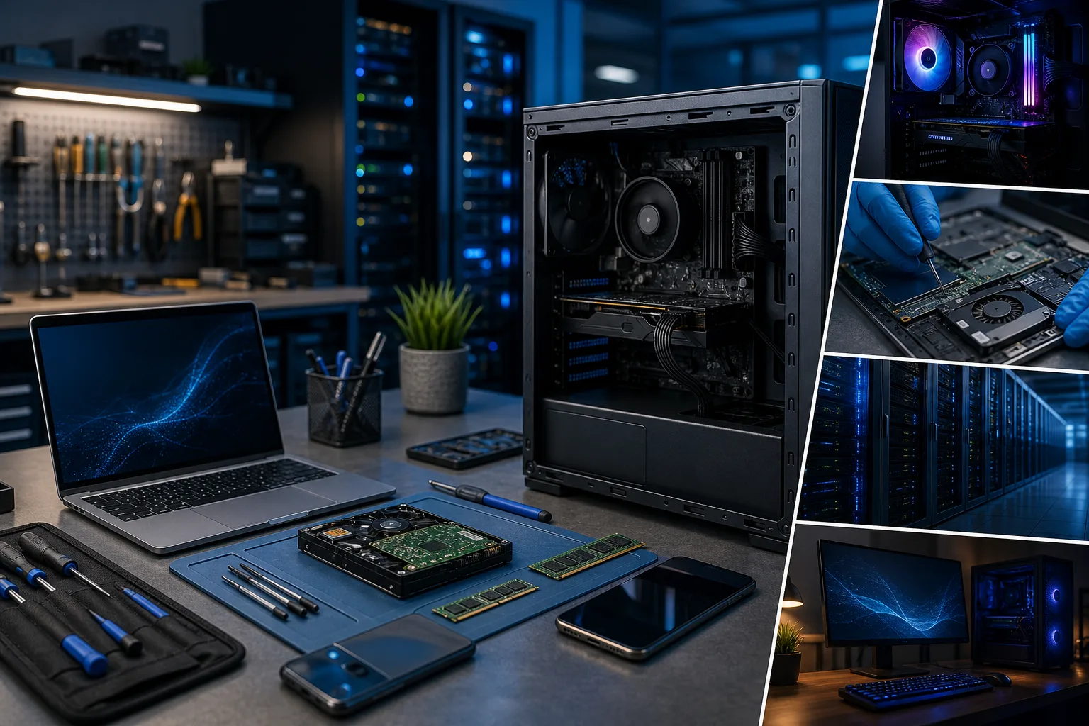 Collage of PC repair scenes: workbench with tools, open tower case, RAM/HDD components, server room, and RGB-lit build. Collage of PC repair scenes: workbench with tools, open tower case, RAM/HDD components, server room, and RGB-lit build.