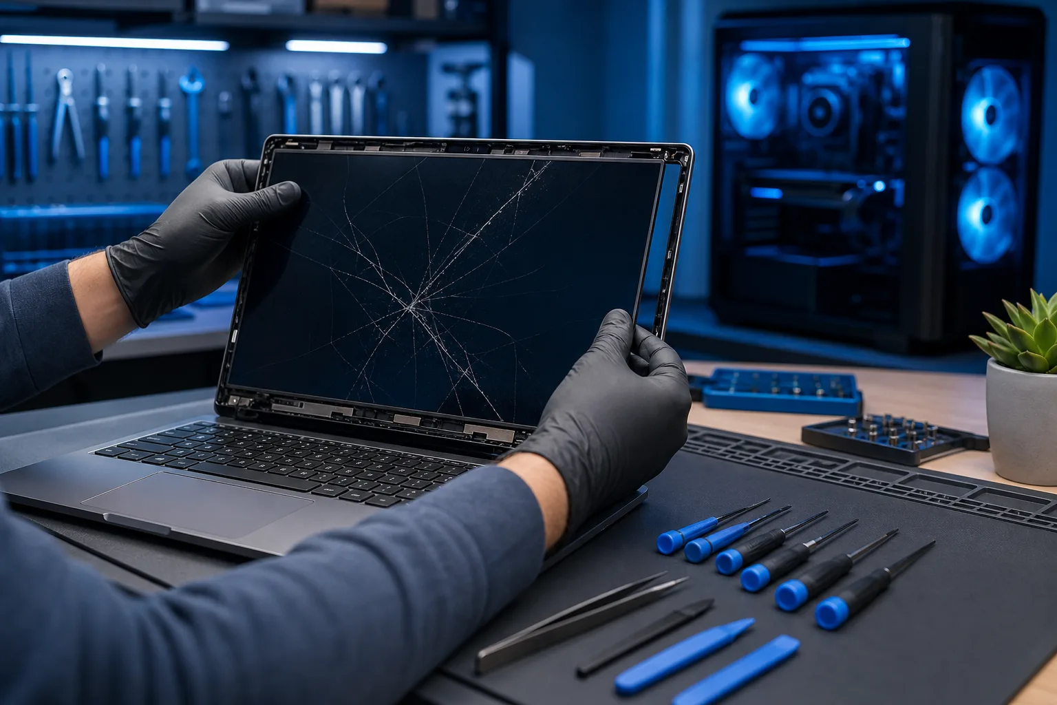 Técnico con guantes retirando la pantalla rota de una laptop sobre una mesa de trabajo oscura, con destornilladores de mango azul y pinzas cerca.