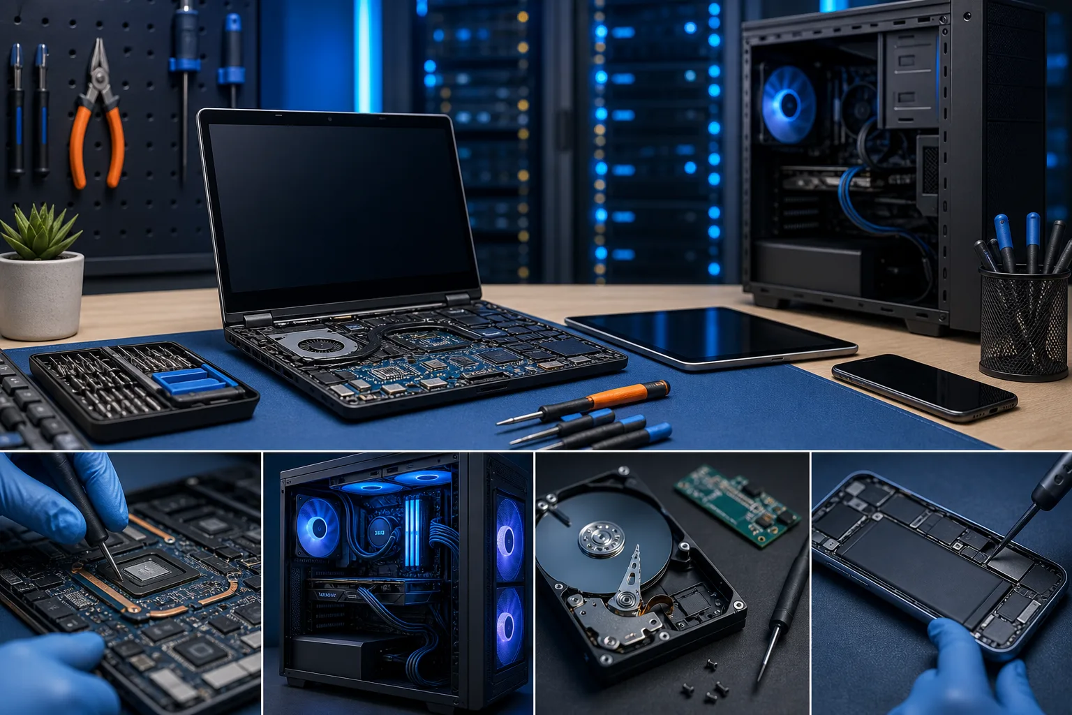 Collage of PC repair scenes: open laptop innards, desktop tower with blue RGB fans, HDD, motherboard work, and phone teardown.