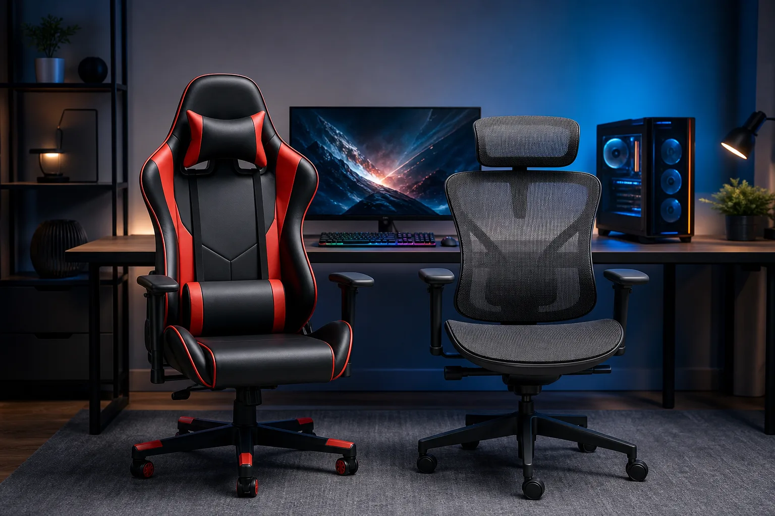 Red-and-black PU leather racing gaming chair beside a gray mesh ergonomic chair in a blue-lit PC gaming setup.