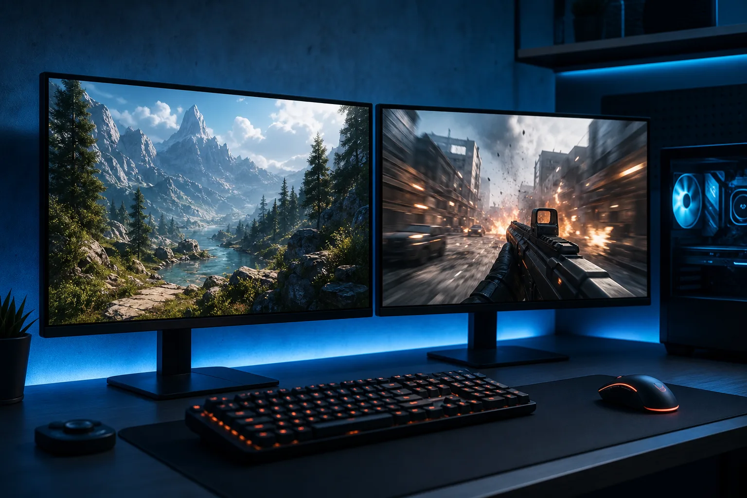 Dos monitores gaming sobre un escritorio con iluminación LED azul que muestran un paisaje y un juego FPS, junto a un teclado y mouse RGB.