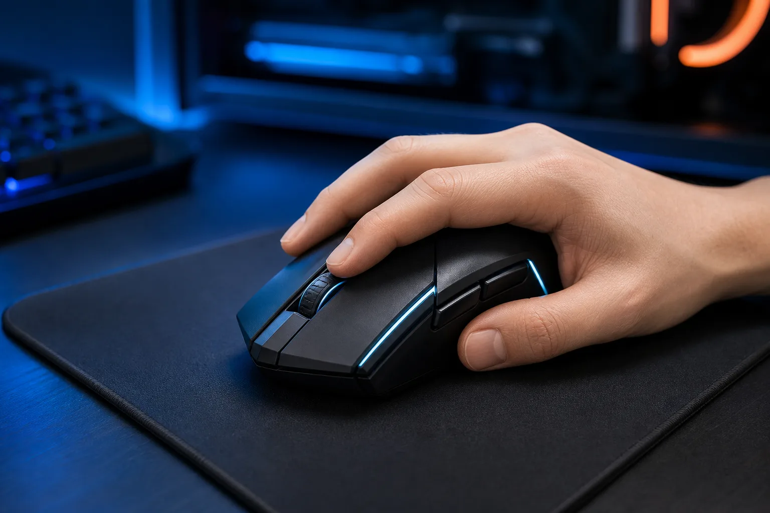 Close-up of a hand gripping a black gaming mouse with blue RGB lighting on a dark mousepad in a gaming setup.