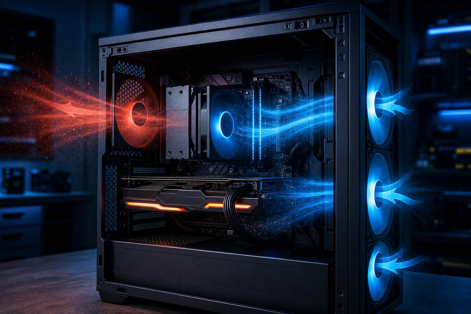 Gaming PC with tempered glass panel showing CPU cooler, GPU with RGB, and glowing blue/red airflow arrows indicating fan directions