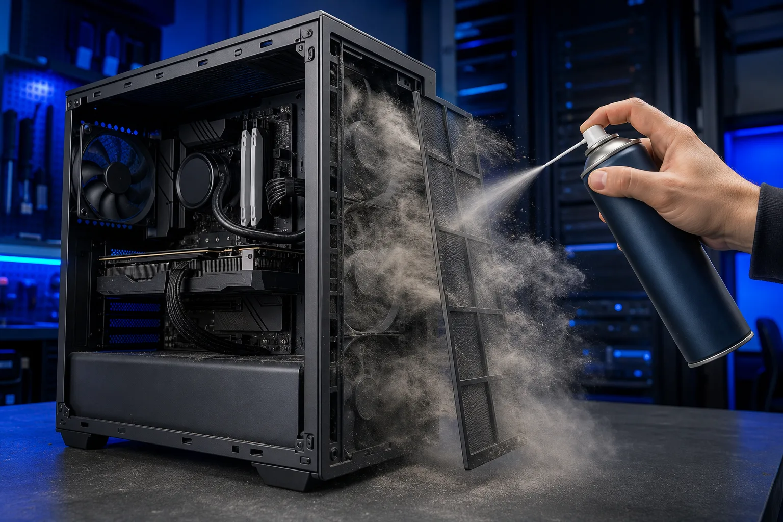 Hand spraying compressed air from dark blue can at dusty PC case filter, dust clouds billowing from mesh panel beside open gaming PC