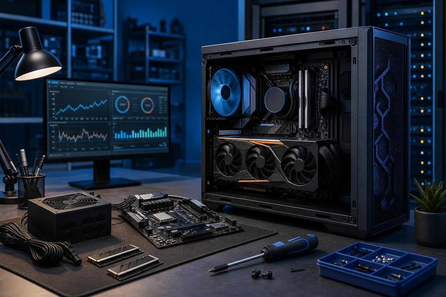 Open PC case with GPU and blue-lit fans on a workbench beside a motherboard, PSU, screwdriver, and a monitor showing performance graphs.