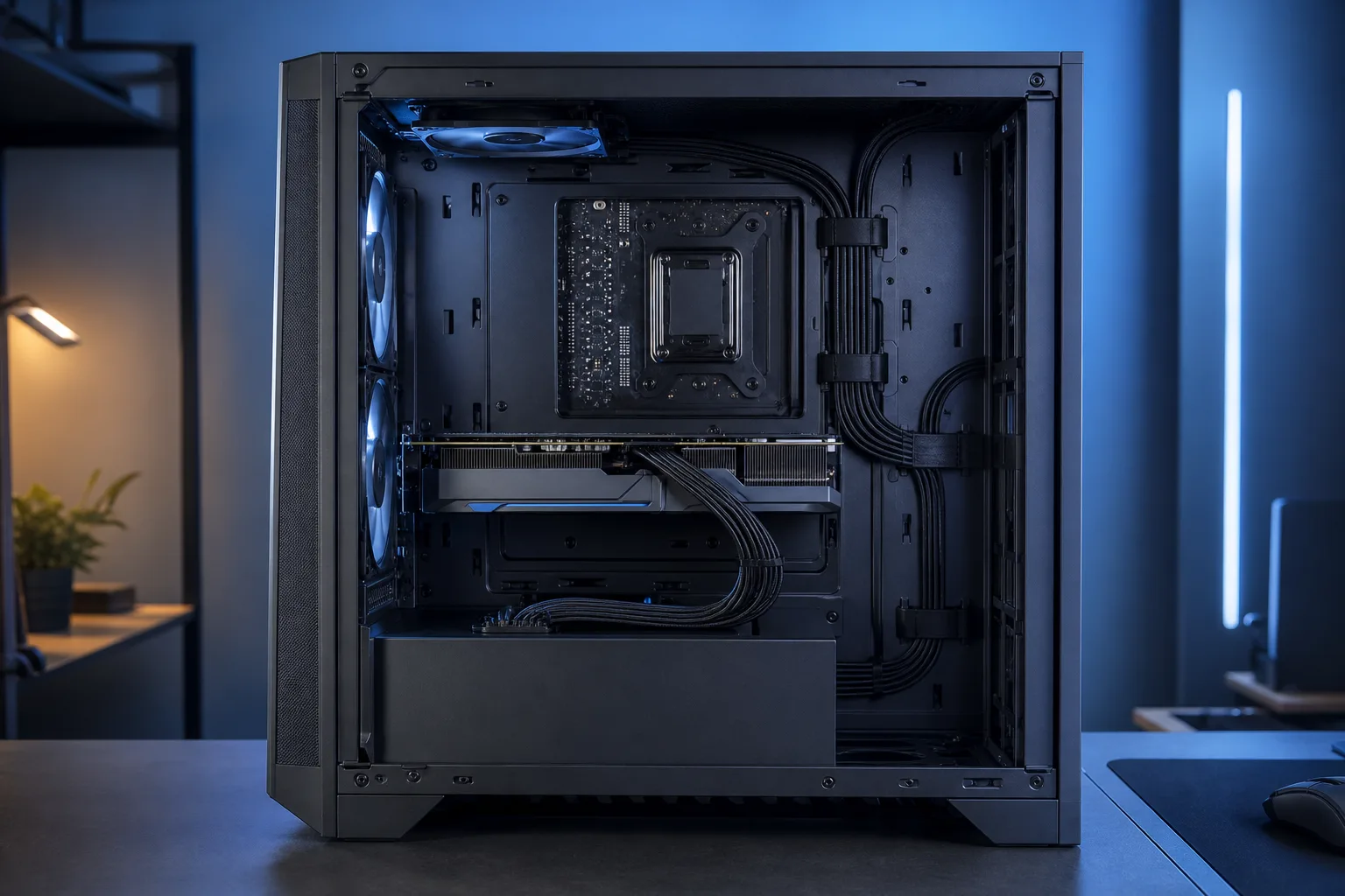Interior abierto de un gabinete de PC mid-tower que muestra la bandeja de la placa base, la GPU, ventiladores azules del gabinete y cables negros organizados detrás de la bandeja.