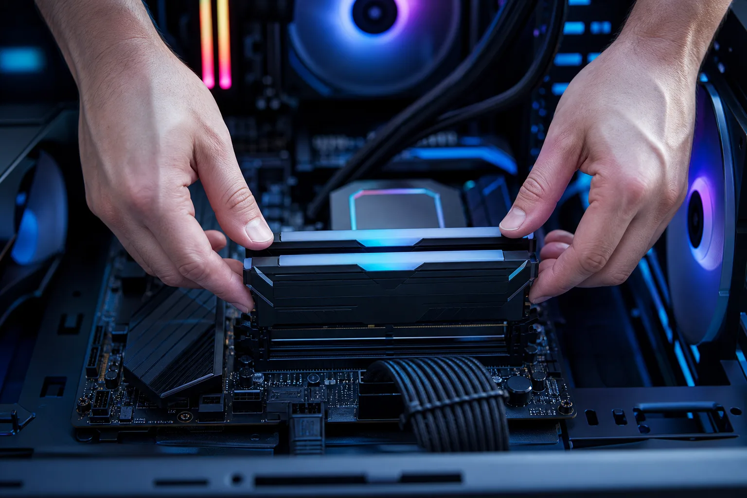 Two hands pressing RGB DDR5 RAM sticks into motherboard slots inside an open gaming PC with RGB fans and lighting.