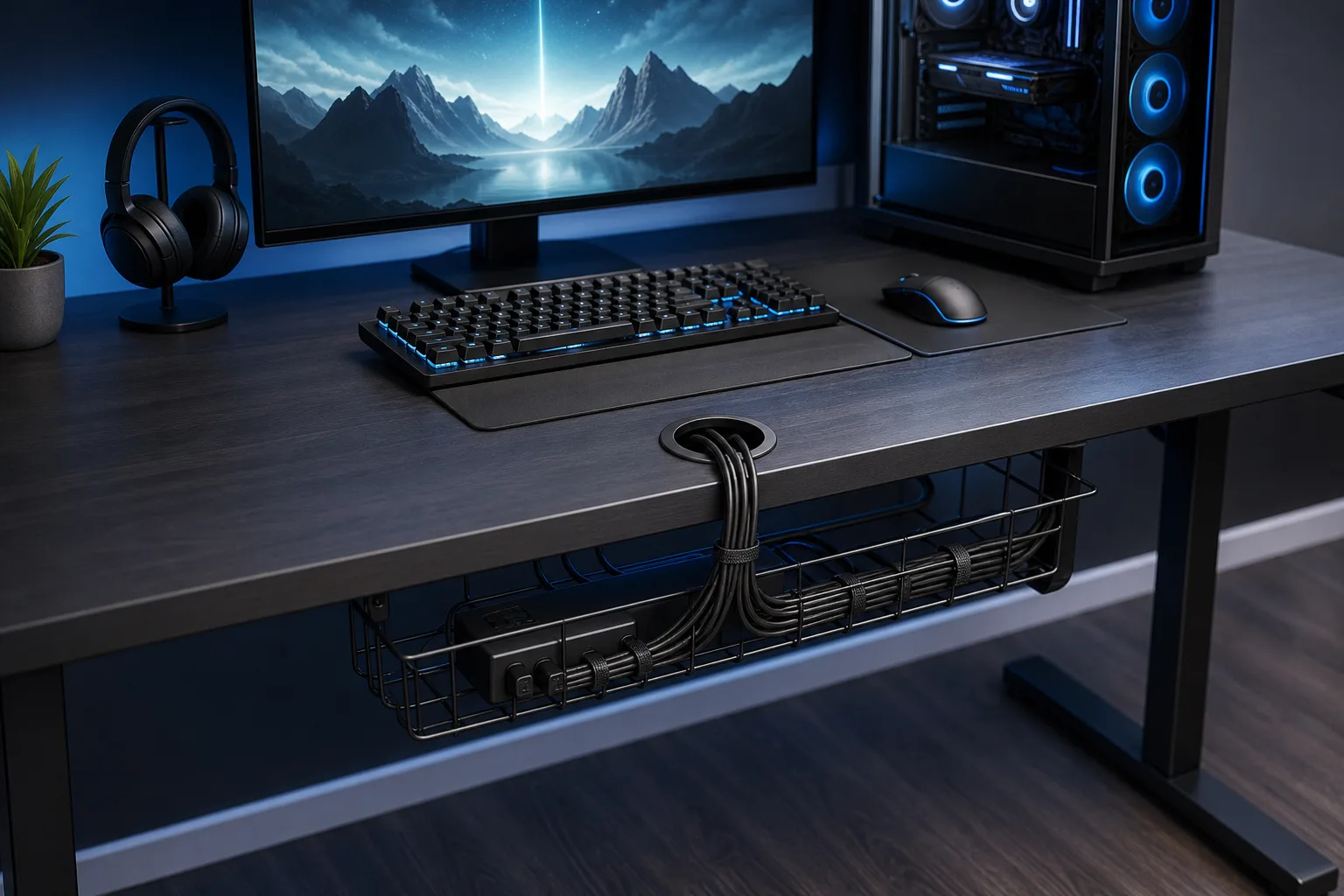 Black gaming desk with RGB keyboard, monitor, PC tower, headphones, and cables routed through grommet into under-desk wire basket.