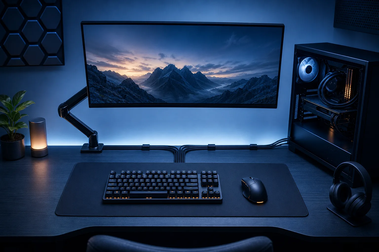 Escritorio gaming limpio con monitor ultrawide montado en un brazo, teclado mecánico, mouse, torre de PC, audífonos e iluminación LED azul.