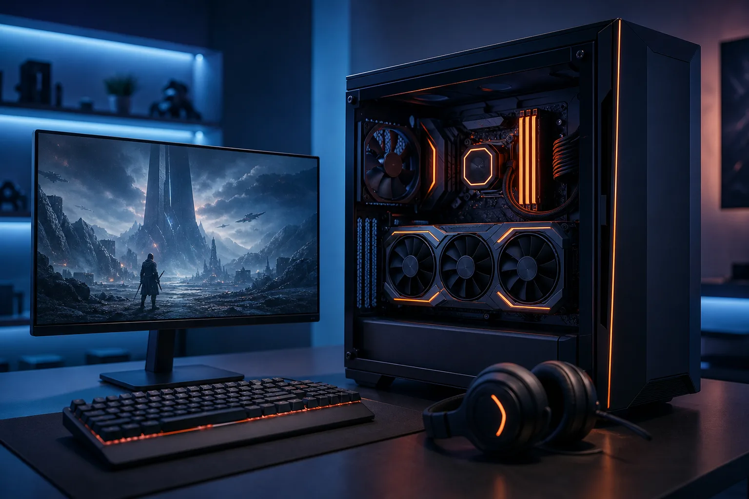 Gaming PC tower with orange RGB lighting and visible GPU on a desk beside a monitor and mechanical keyboard in a dark room.