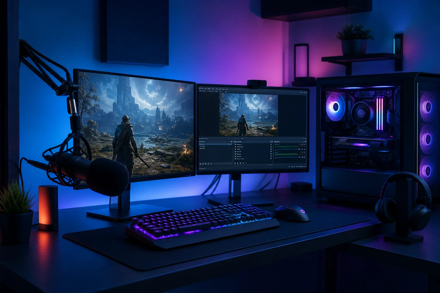 Configuración gamer con dos monitores, teclado RGB, micrófono de brazo, audífonos y torre de PC iluminada; una pantalla muestra un juego de fantasía y la otra muestra el software de transmisión.