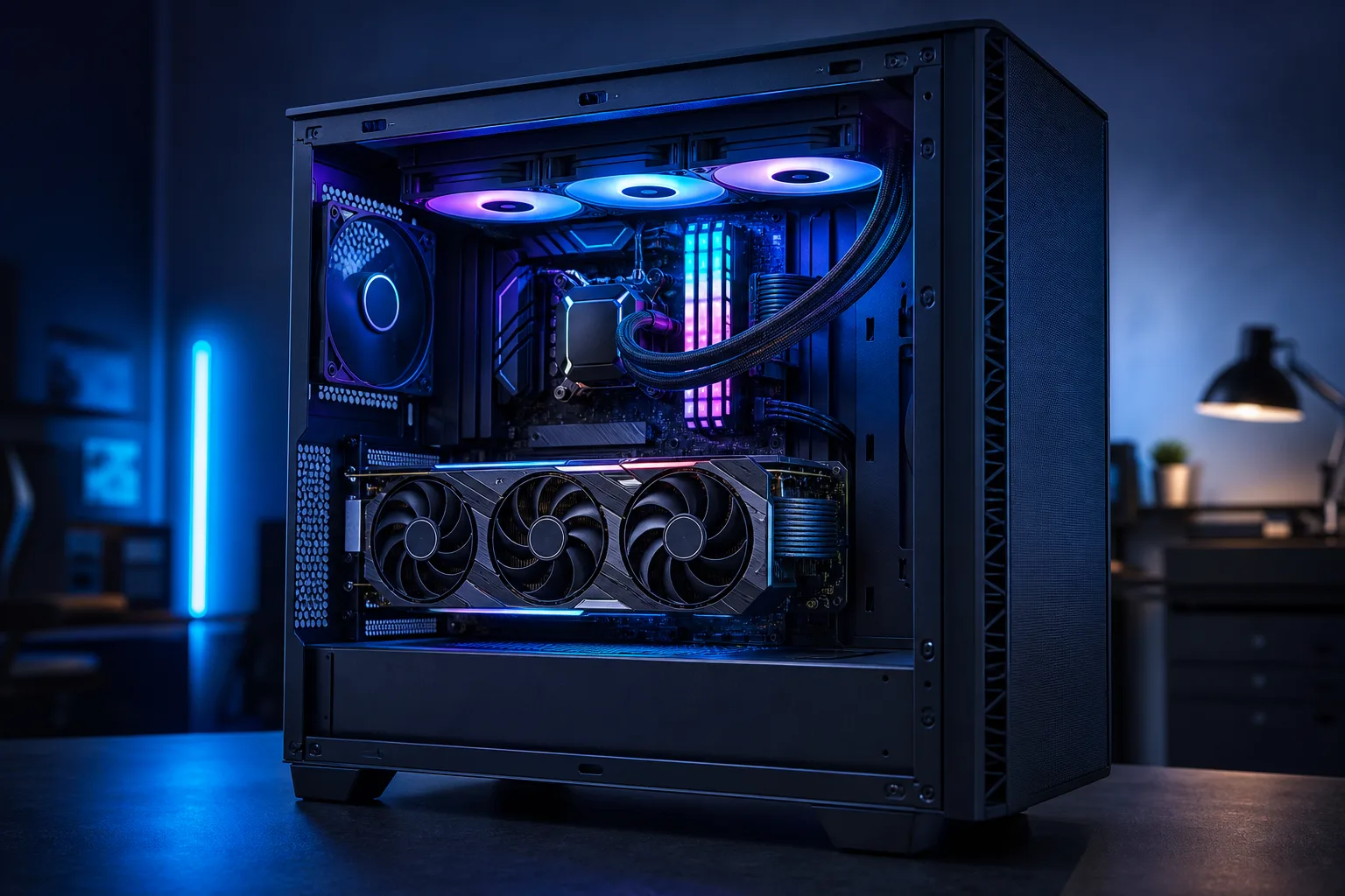 Open-side-panel gaming PC with RGB lighting, 360mm AIO liquid cooler, triple-fan GPU, and illuminated RAM on a dark desk.