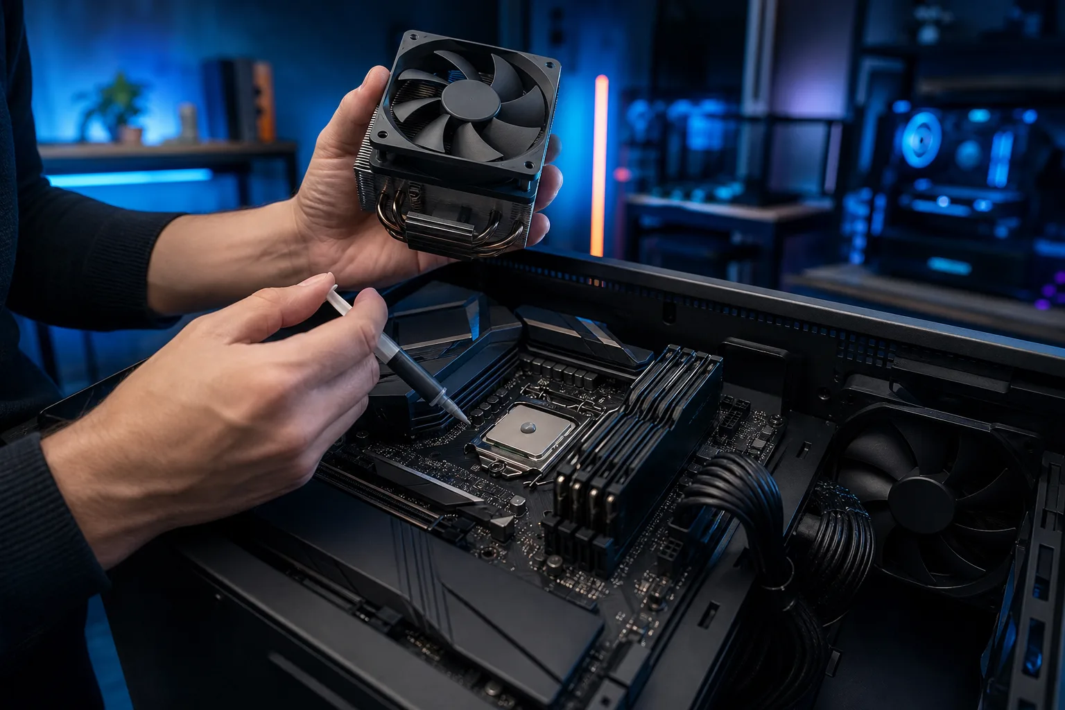 Hands holding an air CPU cooler above open PC case while applying thermal paste to CPU with syringe applicator
