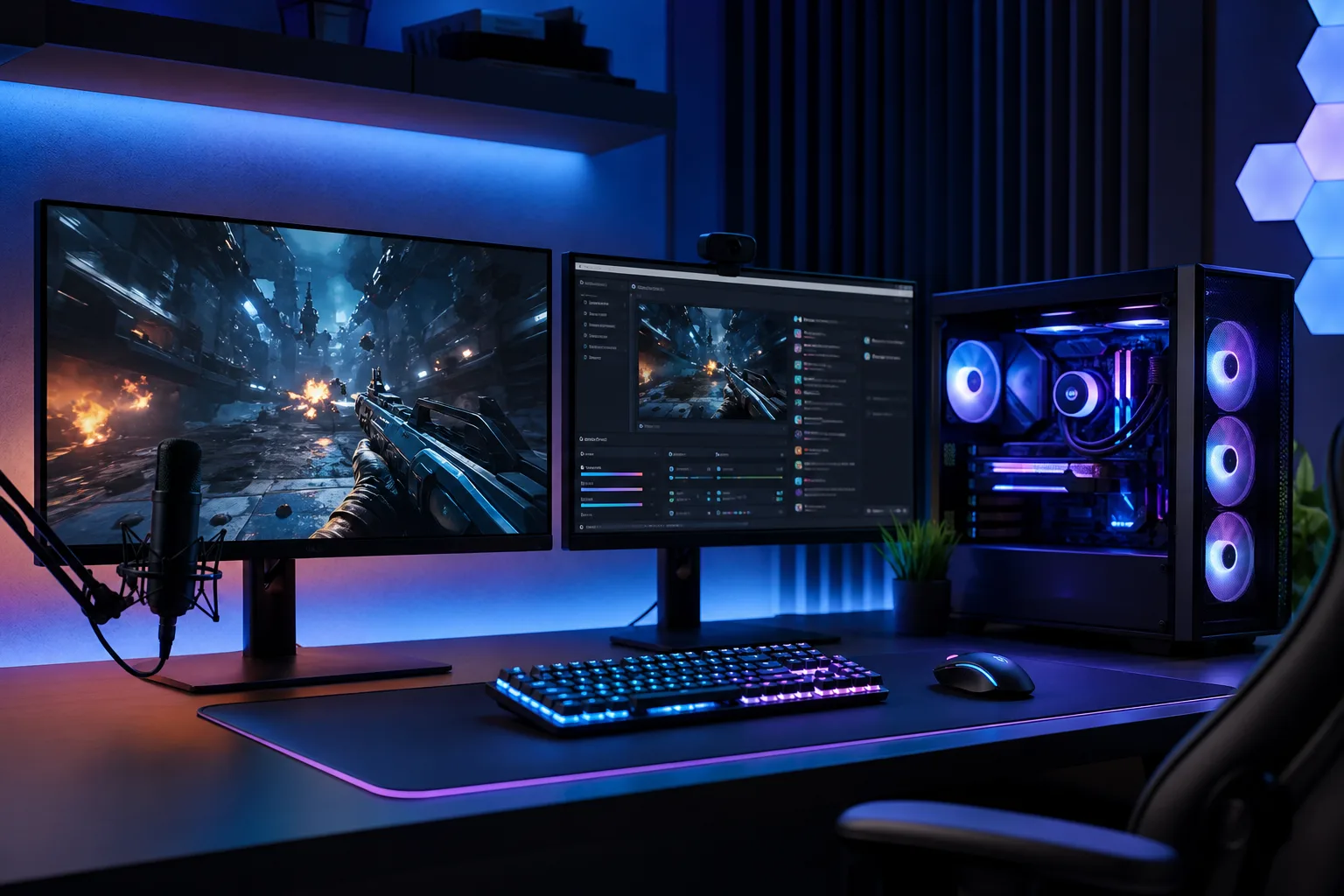 Escritorio gaming con dos monitores que muestran un juego de FPS y la aplicación Discord, torre de PC con iluminación RGB, teclado mecánico, mouse y micrófono de condensador.