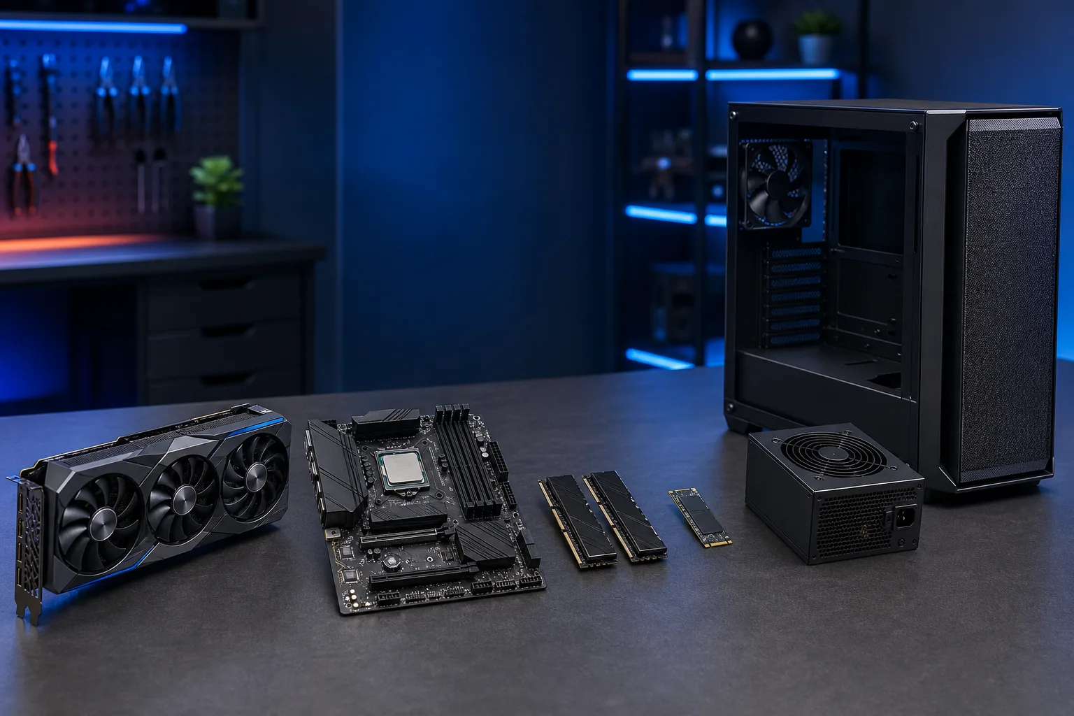Componentes de una PC gamer sobre un escritorio oscuro: GPU, placa madre ATX con CPU, módulos de RAM, SSD M.2, fuente de poder y gabinete de torre mediana en una habitación iluminada de azul