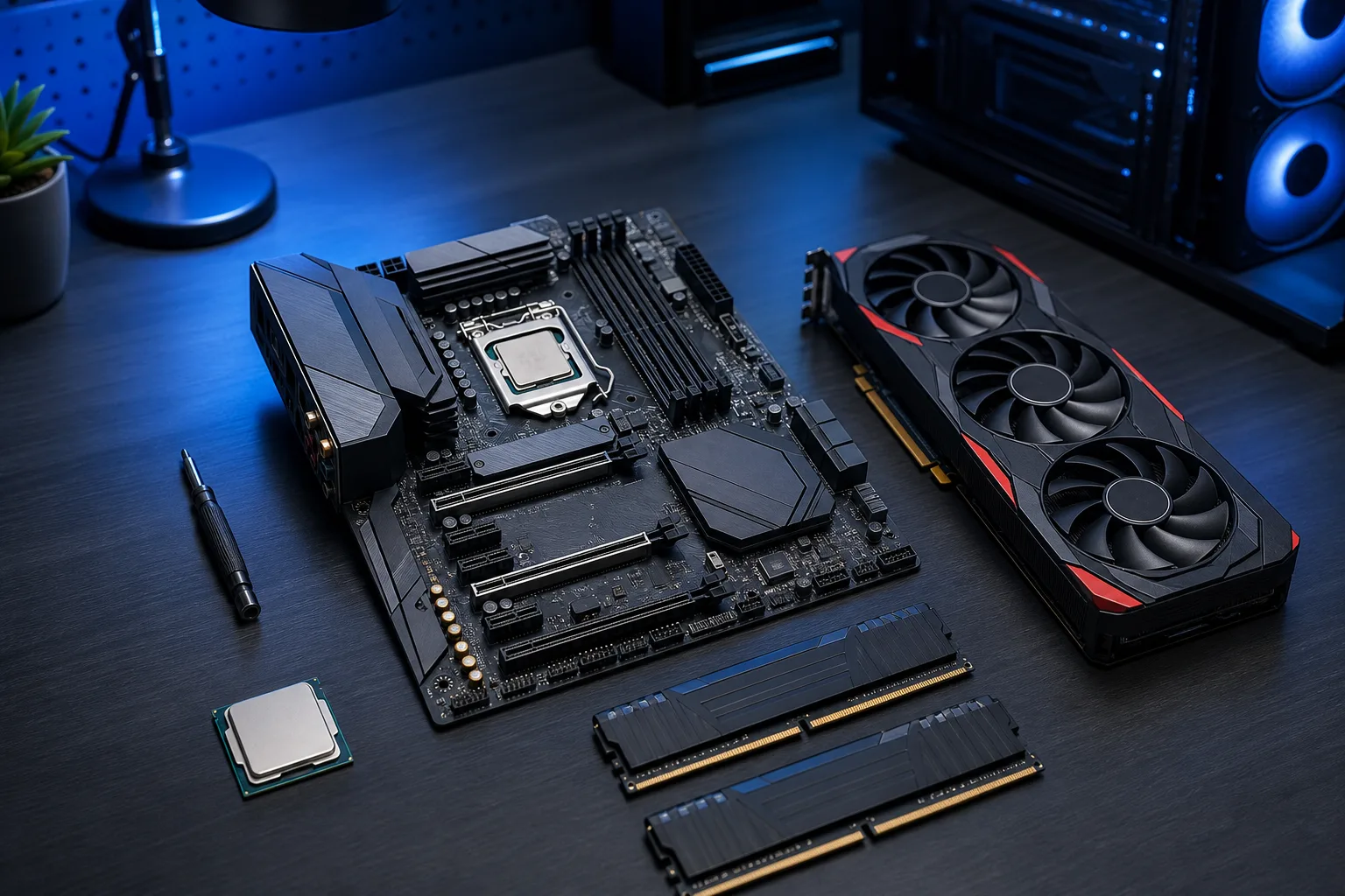 Motherboard, triple-fan GPU, CPU, four RAM sticks, and a screwdriver laid out on a dark desk under blue lighting.