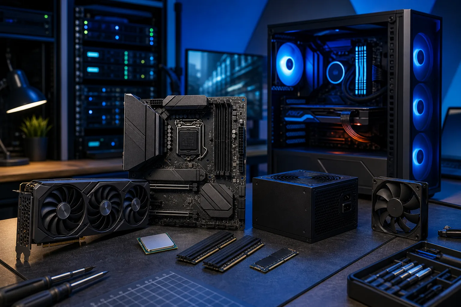 PC components laid out on a desk: motherboard, GPU, CPU, RAM, PSU, SSD, and case fan, with a built PC case in background. PC components laid out on a desk: motherboard, GPU, CPU, RAM, PSU, SSD, and case fan, with a built PC case in background.