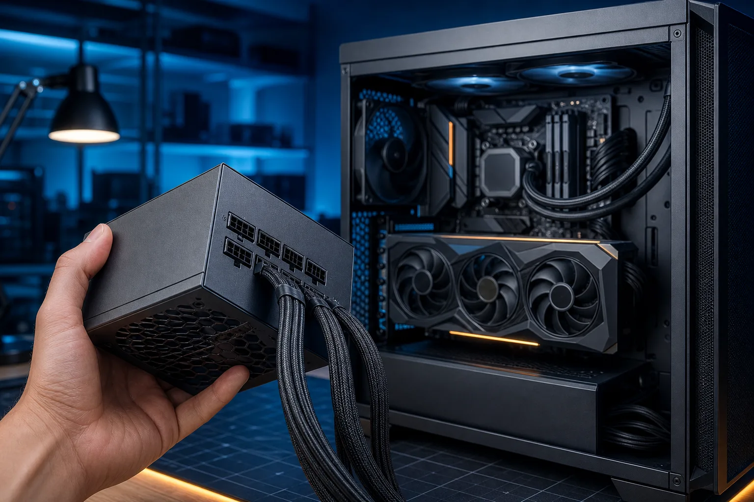 Hand holding a modular PSU with braided cables beside an open ATX PC case with GPU, liquid cooler, and RGB components.
