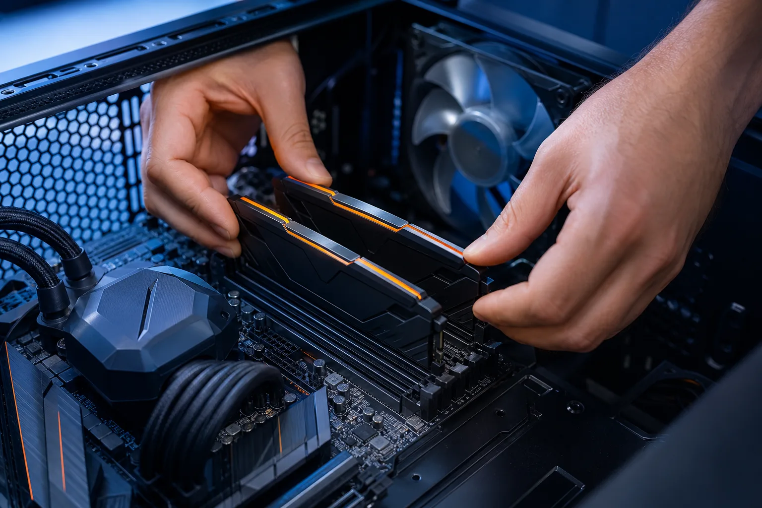 Dos manos instalando un par de memorias DDR RAM negras y naranjas en las ranuras de una placa base gaming dentro de una carcasa de PC abierta.