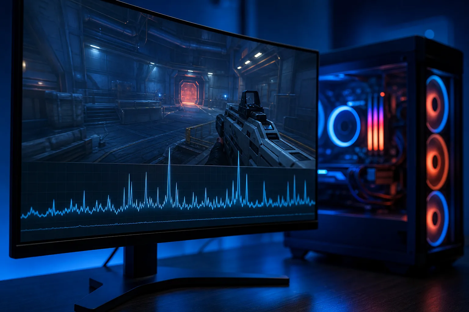 Monitor gamer curvo que muestra un juego de FPS con una gráfica superpuesta de picos azules en el tiempo de fotograma; torre de PC gamer RGB al fondo.
