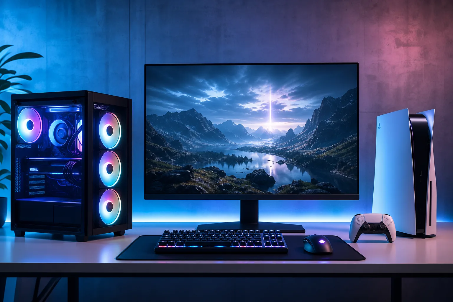 Torre de PC gamer con iluminación RGB y consola PS5 a ambos lados de un monitor que muestra un paisaje montañoso, con teclado y mouse sobre el escritorio.