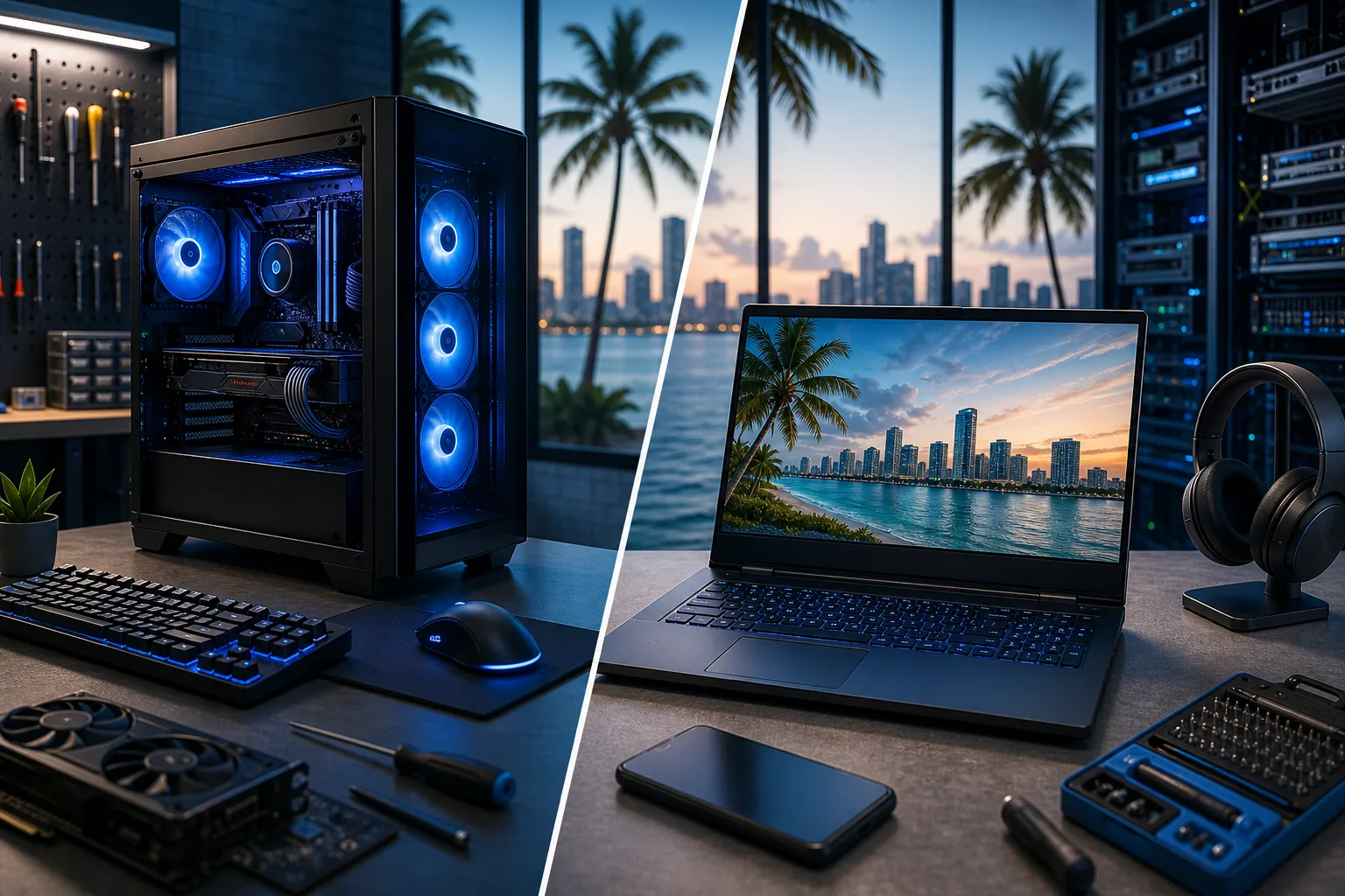 Split image: RGB gaming PC tower with blue fans on left desk; laptop showing Miami skyline on right desk with headphones