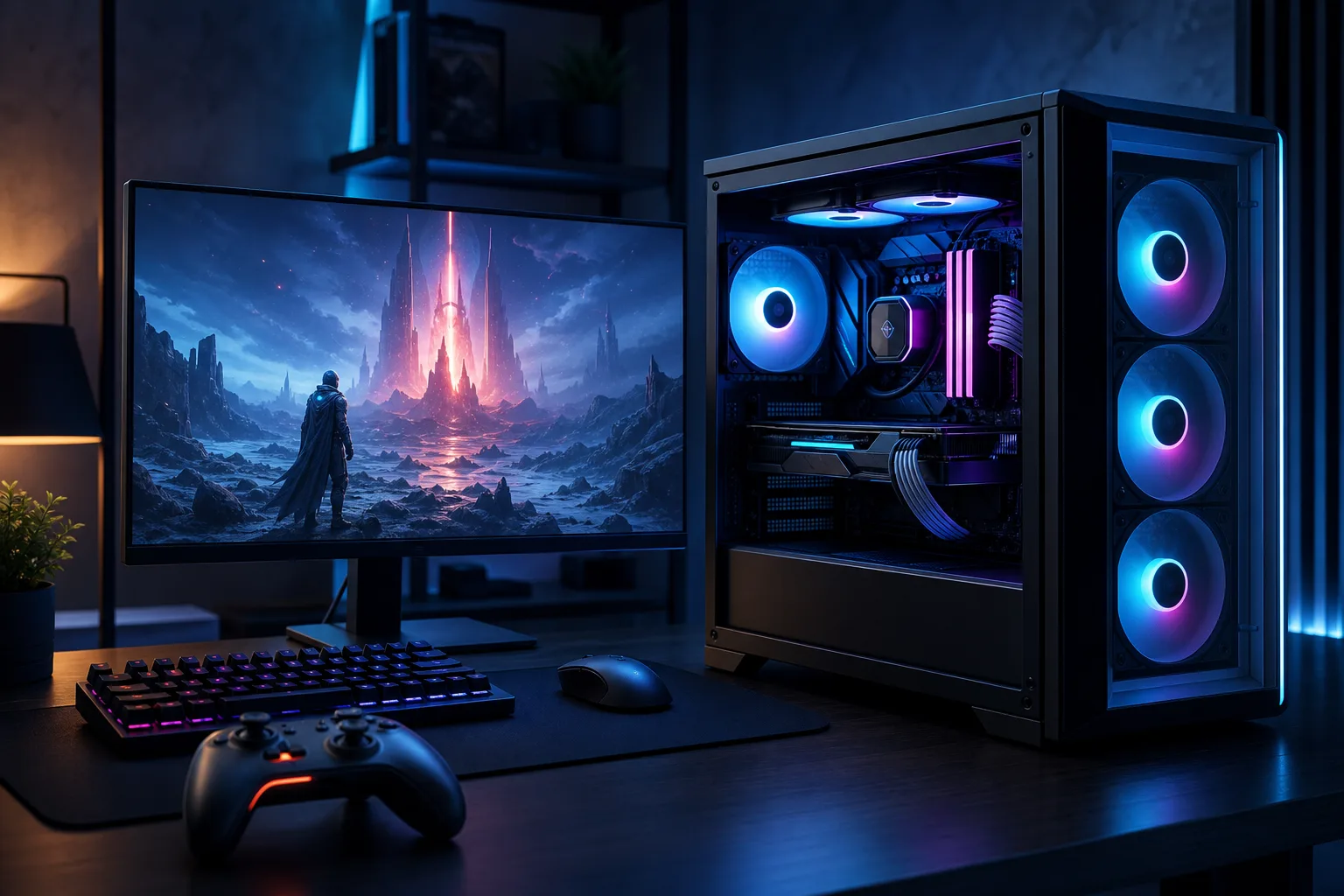 RGB gaming PC tower with glass side panel beside a monitor showing a sci-fi game scene, with keyboard, mouse, and controller on desk.