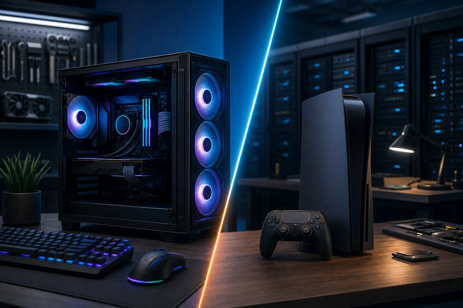 Split-scene: RGB gaming PC with glass panel and keyboard/mouse vs. black PS5 console with DualSense controller on a desk.