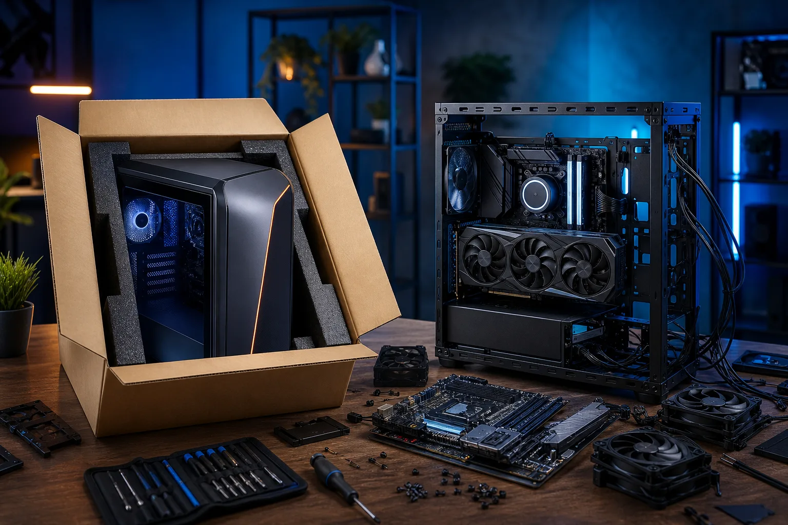 A prebuilt gaming PC in a cardboard box beside an open-frame custom PC build with GPU, motherboard, and tools on a desk.