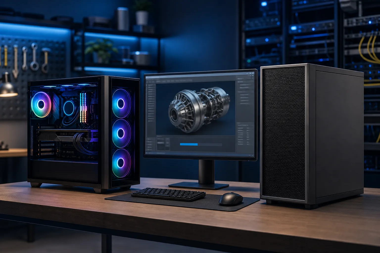 RGB gaming PC tower and black speaker on a desk with a monitor showing a 3D engine render, in a dark blue studio setup