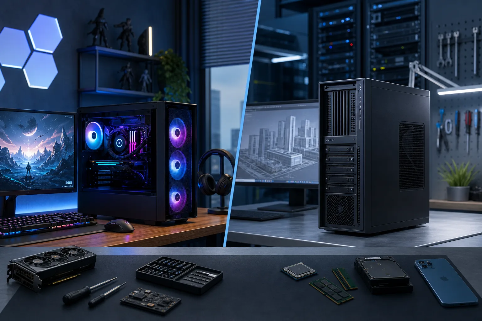 Split image: RGB gaming PC setup on left vs. black workstation tower in professional environment on right, PC parts below.