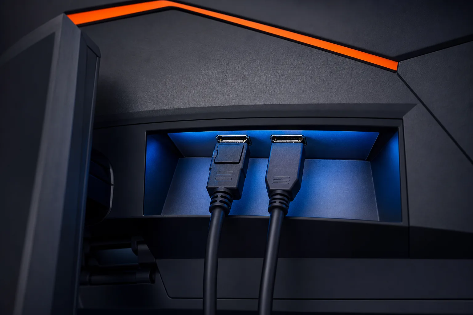 Close-up of a gaming monitor's back panel with blue-lit port bay showing two DisplayPort cables plugged in, orange accent trim visible.
