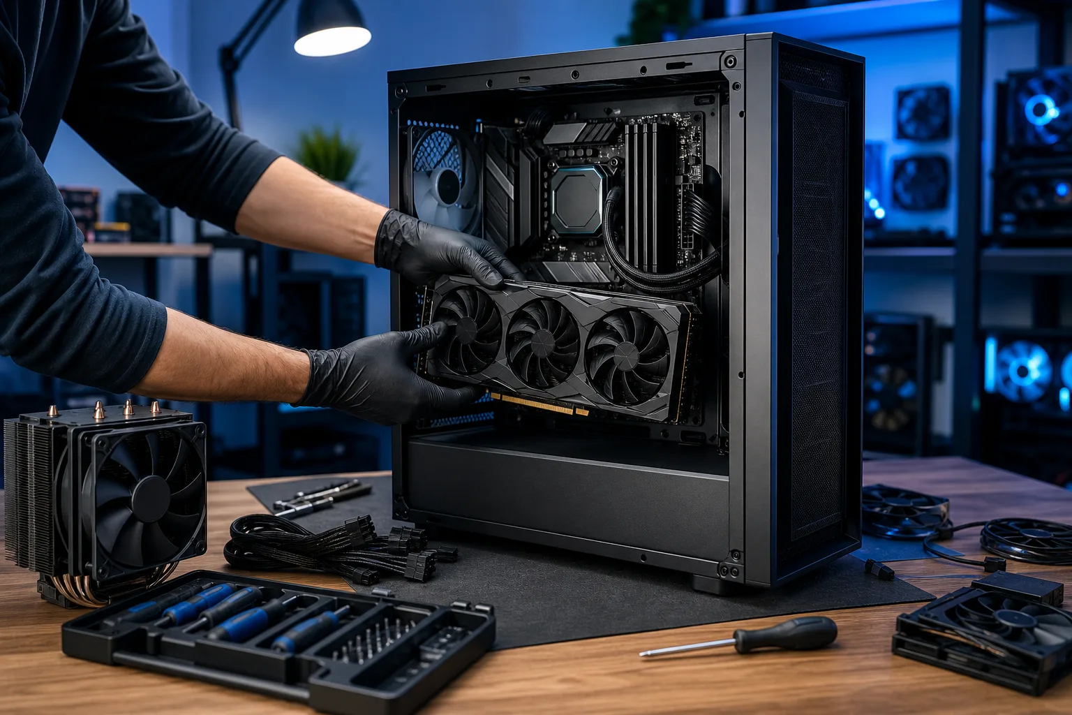 Person in black gloves installing a triple-fan GPU into a mid-tower PC case on a workbench with tools and components nearby.