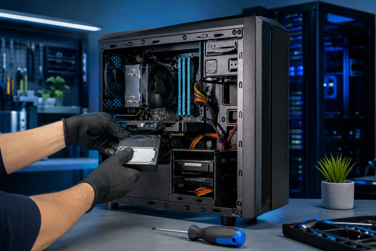 Gloved hands installing a hard drive into an open desktop PC tower showing RAM, CPU cooler, and cabling on a workbench.