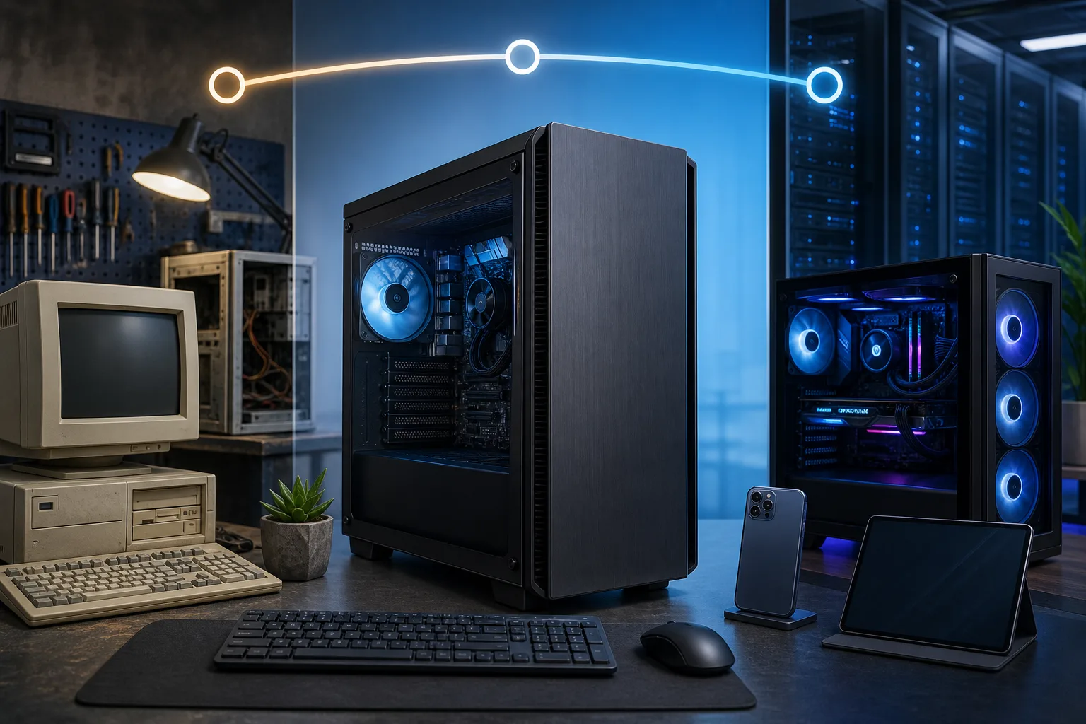 Three-era PC evolution: vintage beige desktop left, modern mid-tower center, RGB gaming PC and server rack right, with timeline arc.