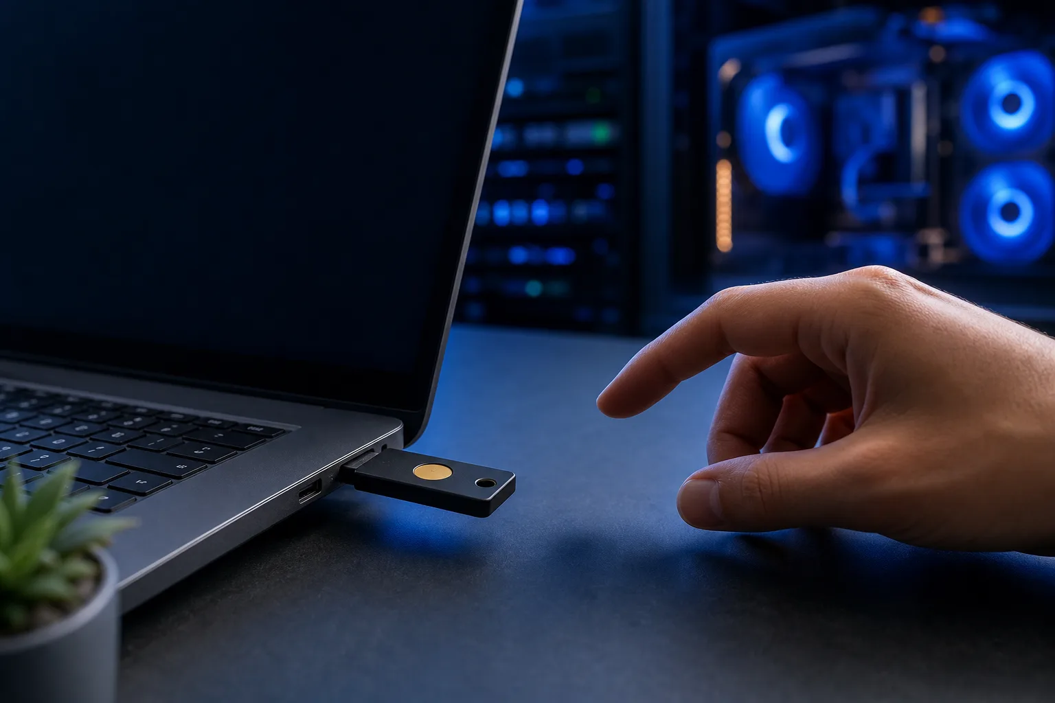 A hand reaching toward a YubiKey security key plugged into a laptop USB port, with a glowing PC tower in the background.
