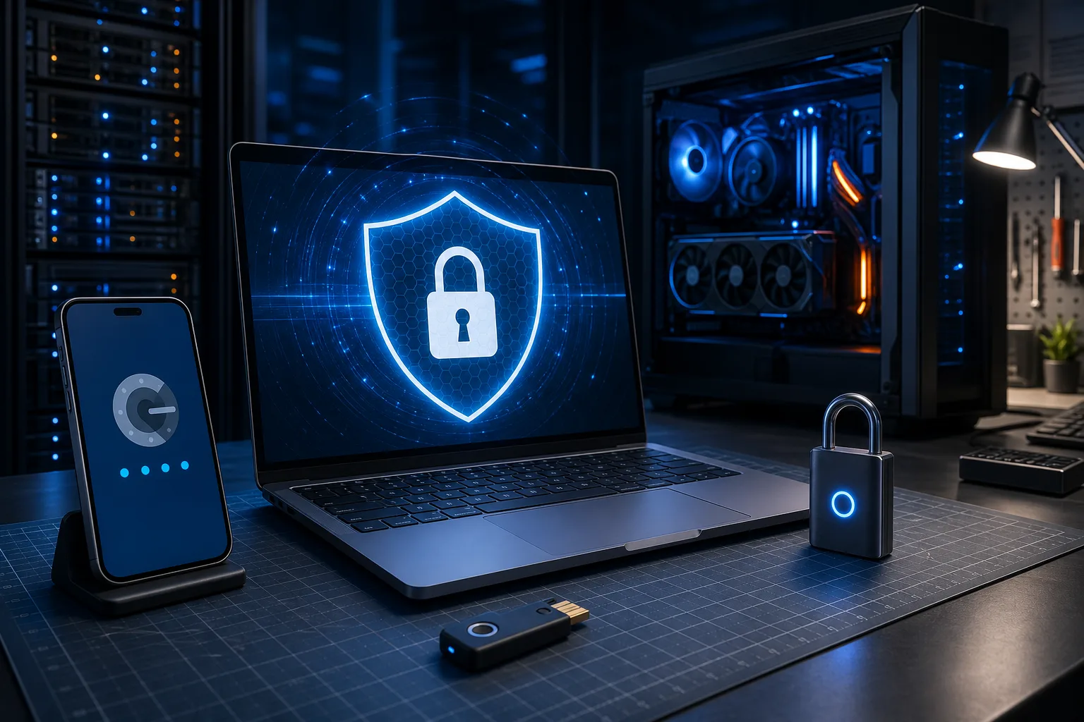 Dark desk with laptop showing glowing shield-lock icon, smartphone with auth screen, USB security key, and smart padlock.