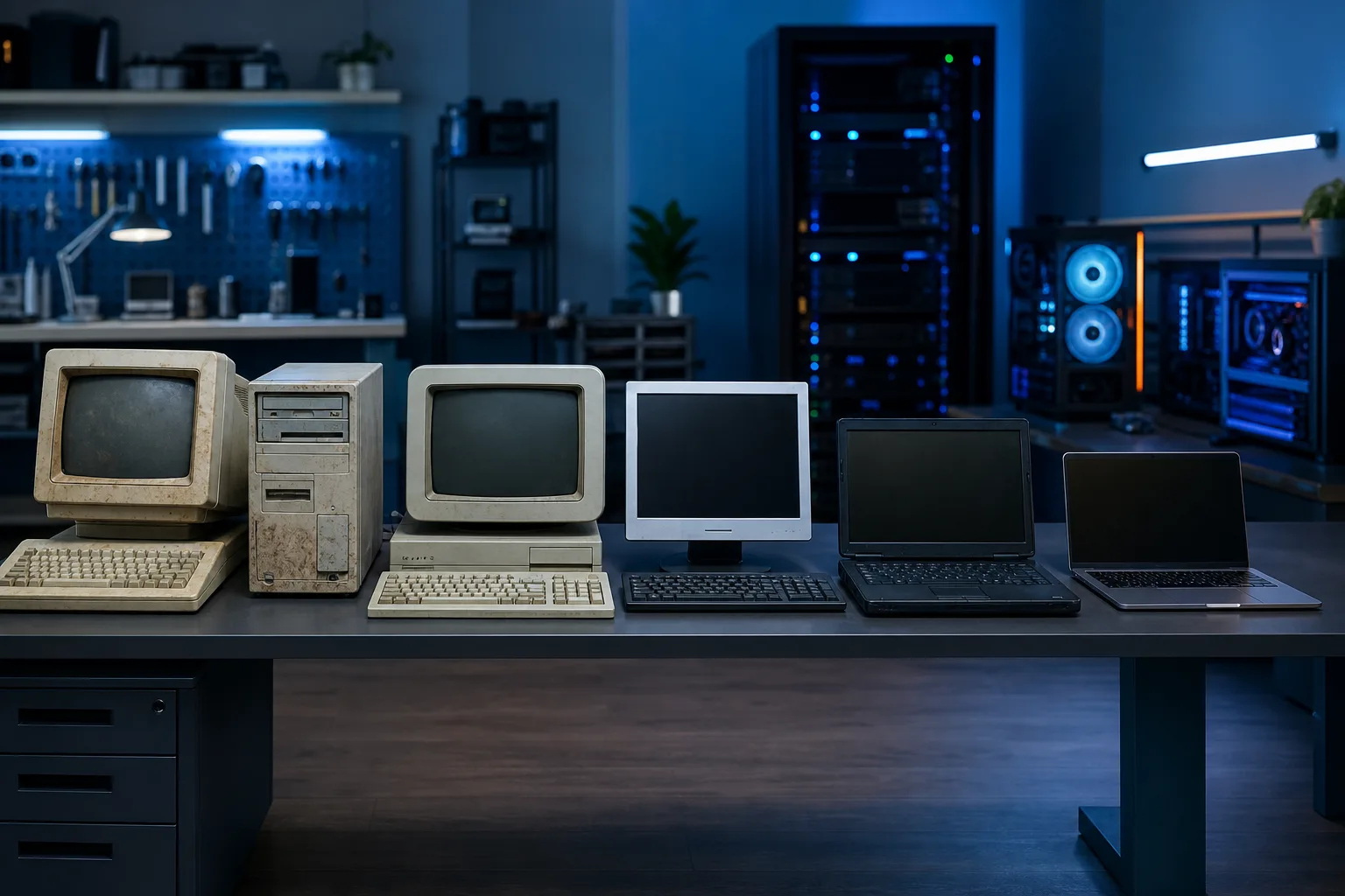 Five computers spanning decades—two vintage CRT desktops, one flat-panel PC, and two laptops—arranged on a dark workbench in a blue-lit lab.