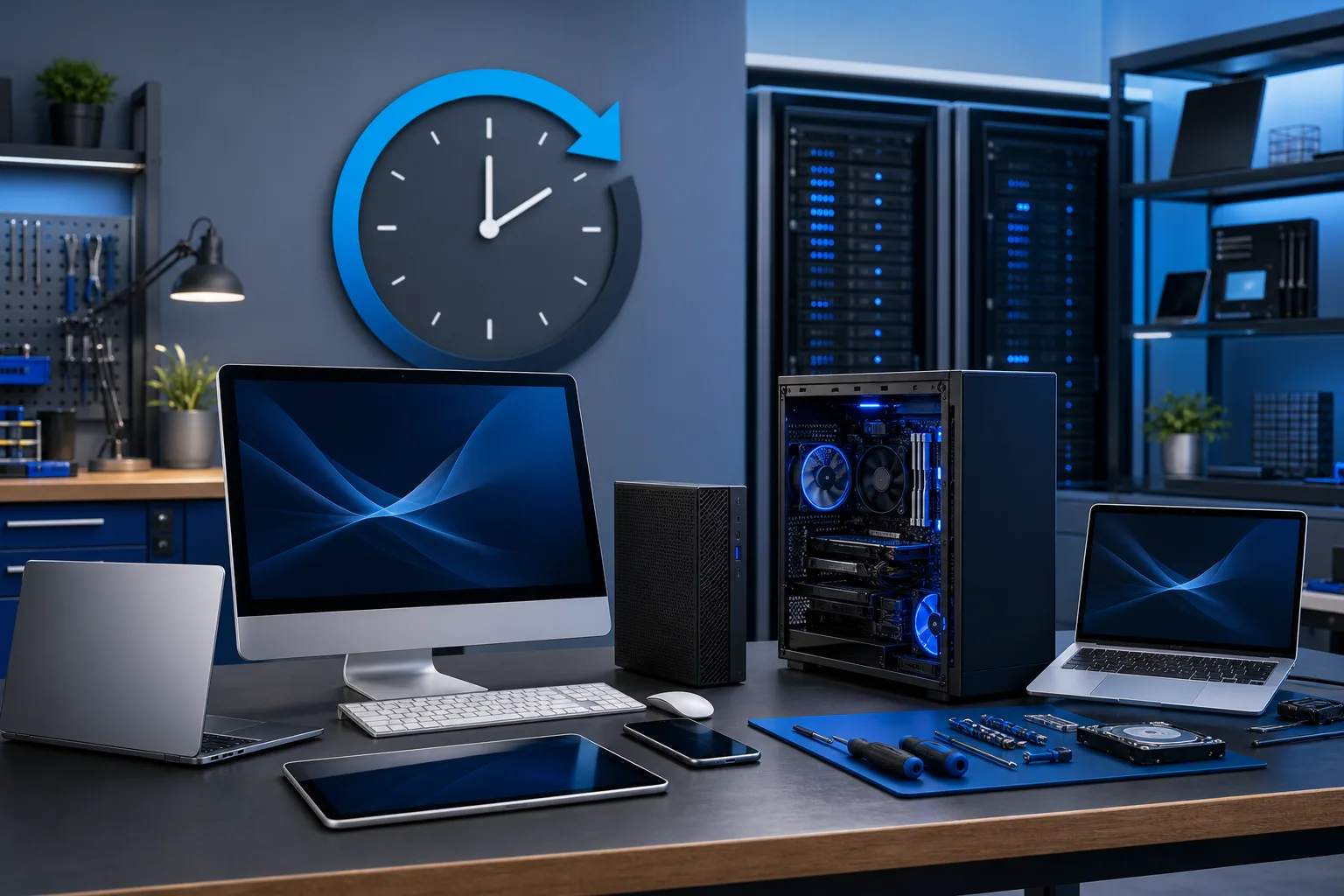 Tech workbench with iMac, laptops, tablet, phone, open PC tower with blue LEDs, tools, and a clock with refresh arrow on wall.