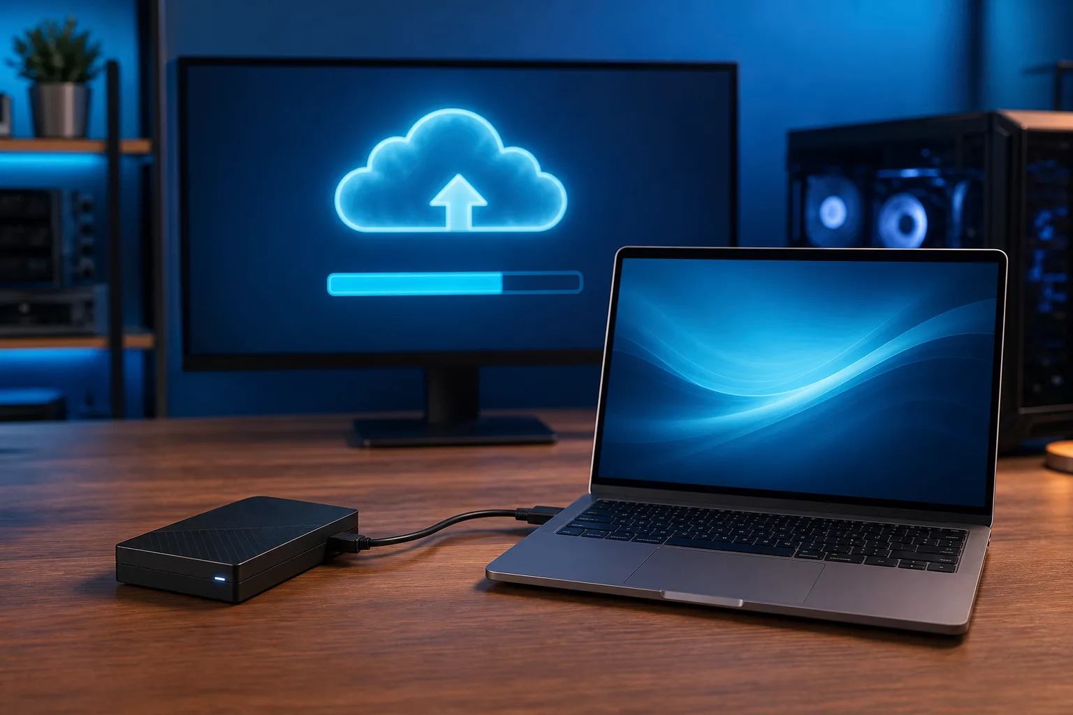 External hard drive connected to a MacBook on a wooden desk; monitor behind shows a glowing cloud upload icon with progress bar.